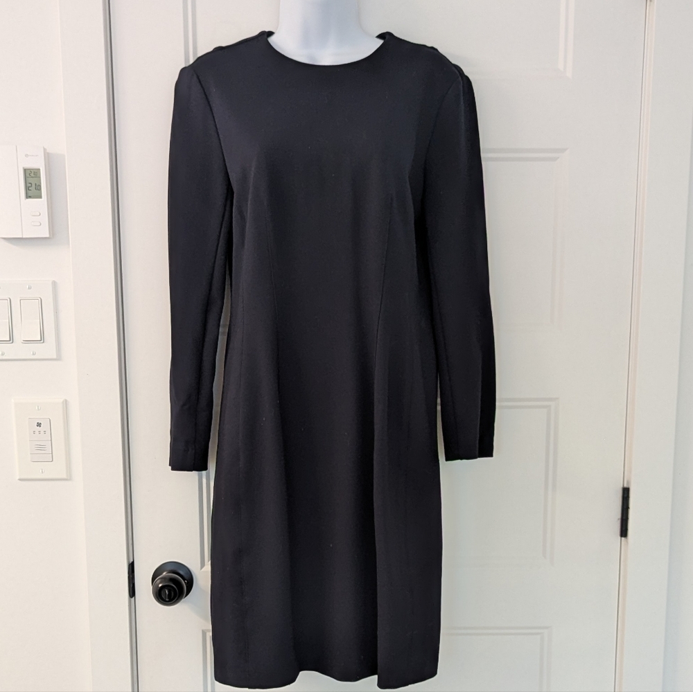 DKNY Black Long Sleeve Shift Dress Full Back Gold Zipper Crew Neck Size M